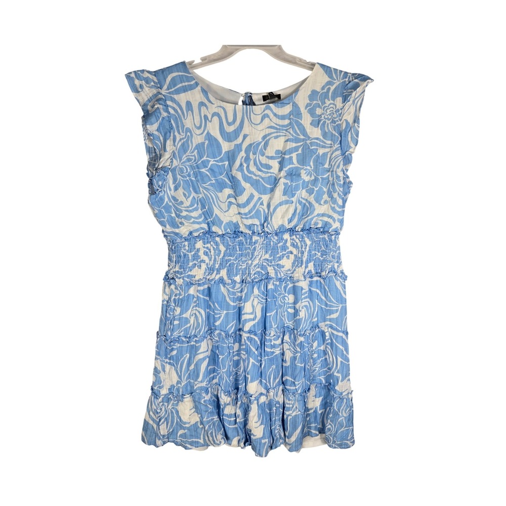 Lily Rose Womens 1X Blue Ivory Floral Smocked Tiered Ruffle Mini Dress NWT